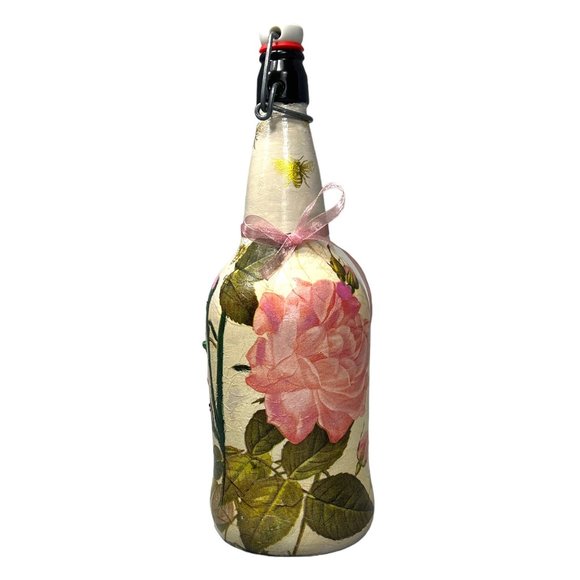 Hand Painted, Decoupaged and Clay Molded Flip Top Glass Bottle Vintage 3D Roses - Picture 13 of 15